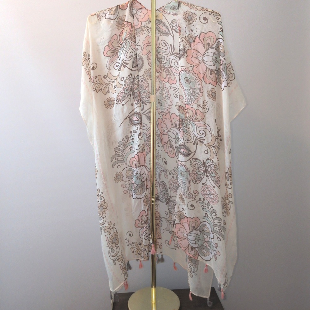 NWT Riah Fashion Kimono Women One Size Cream Pink Floral Butterfly Tassel Boho